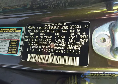 2021 Kia Telluride Sx z USA, uszkodzony, nr VIN 5XYP5DHC4MG149534